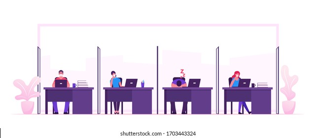 Businesspeople Characters In Medical Masks Sit At Tables With Computers In Modern Coworking Area Working And Relaxing During Quarantine Covid 19. Business People Teamwork. Cartoon Vector Illustration