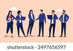 Businesspeople characters - Team or group of corporate people standing together with computers, shaking hands and doing business together. Flat design vector illustration