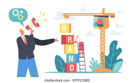 Businesspeople Characters Work on Crane Build Tower of Colored Cubes. Marketing and Promotional Campaign, Brand Awareness Building. Branded Workshop Concept. Cartoon People Vector Illustration