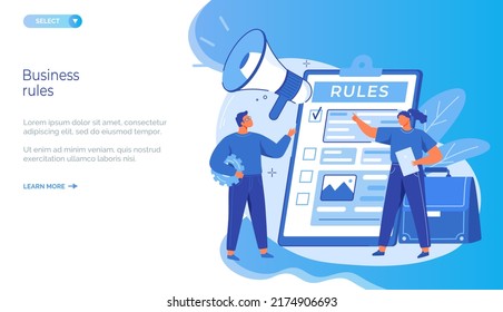 Businesspeople check document with rules. Form with survey, paper sheet with results of review. Colleagues discuss business rules. Website landing web page template. Successful work with project