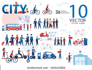 Businesspeople City Life Scenes, Ecological Urban Transport, Traveling People Trendy Flat Vectors Set. Handshaking Businessmen, Citizens Riding Scooter, Bicycle and Self-Balancing Wheel Illustrations