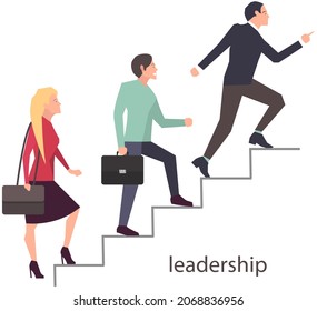 Businesspeople climbing high stair. Business competition, leadership concept. People climb career ladder, go to success. Successful business conduct, strategic planning, project development