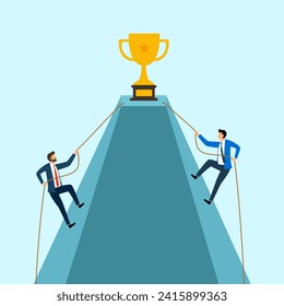 Businesspeople climbing to success. Businessman trying to get trophy reward. Goal achievement, leadership, motivation Concept.