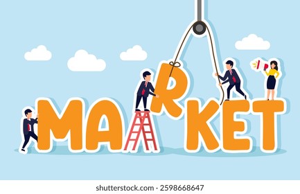 Businesspeople collaborate to arrange text spelling MARKET, illustration of collaboration and teamwork in business to build a strong market