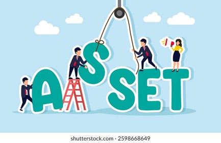 Businesspeople collaborate to arrange text spelling ASSET, illustration of collaboration and teamwork in increasing business company assets