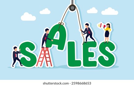 Businesspeople collaborate to arrange text spelling SALES, illustration of collaboration and teamwork in boosting company sales targets