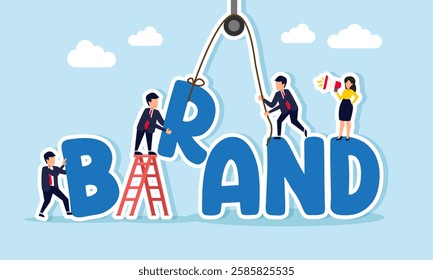 Businesspeople collaborate to arrange the word BRAND, illustration of building branding or introducing a business product to the market