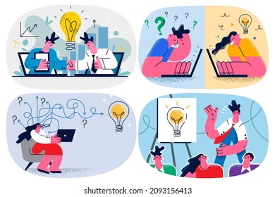 Businesspeople collaborate brainstorm in team generate innovative business idea at briefing. Business colleagues work together at startup launch or project start. Flat vector illustration. Set.