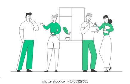 Businesspeople Colleagues or Friends Communicating Indoors. Young Men and Women Chatting and Communicate in Office or at Home. Business Characters Discussion Cartoon Flat Vector Illustration, Line Art