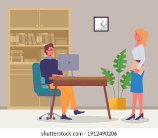 Businesspeople colleagues man and woman are communicating in office. Business characters are discussing a new project sitting at a desk with computer. Office workers talking, employee workplace