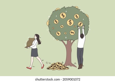 Businesspeople collect money coins from tree, get dividend from successful business investment. Happy employees reap cash harvest, benefit from successful deal. Passive income. Vector illustration. 