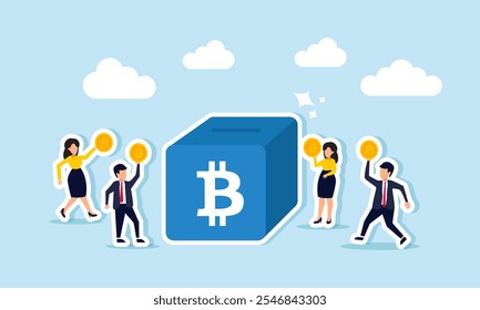 Businesspeople collectively carry bitcoins to place into a box labeled with a bitcoin sign, illustration of competition among entrepreneurs to accumulate bitcoin assets