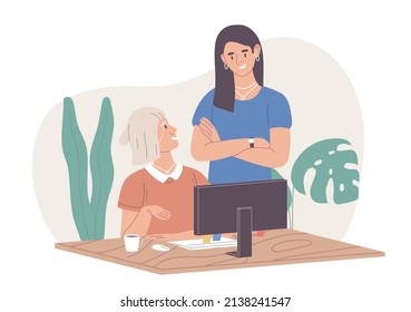 Personas de negocios comunicándose. el jefe elogia a los empleados por su buen trabajo. el jefe vigila el trabajo de sus empleados. un empleado que muestra los resultados de su trabajo. vector plano aislado en fondo blanco