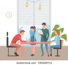 Businesspeople communicating, discuss a project, brainstorm together. Happy partners at business meeting, working process. Group of colleagues sitting at a table, talking about conclusion of contract