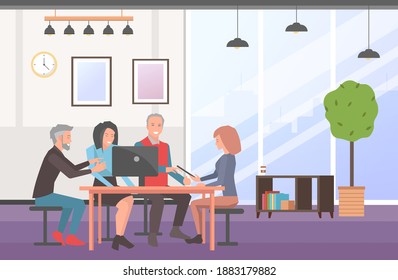 Businesspeople communicating, discuss a project. Happy partners at business meeting, working process. A group of colleagues sitting at a table in office space, talking about conclusion of contract