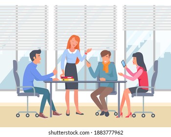 Businesspeople communicating, discuss a project. Happy partners at business meeting, working process. Man manager consulting sitting at a table in office space, talking about conclusion of contract