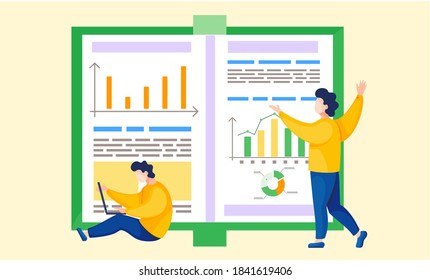 Businesspeople are communicating in office. Business characters colleagues near report with graphs and charts are discussing a new project, doing effective time management, generating planned events