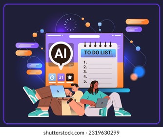 businesspeople completing to-do list in computer app with ai multitasking helper bot personal assistant support for manager task distribution