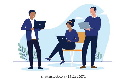 Businesspeople with computers working - Team of three people using laptop computers, doing work, smiling and talking together. Teamwork concept in flat design vector illustration with white background