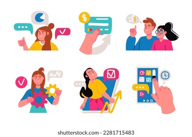 Businesspeople concept with character situations collection. Bundle of scenes people creating strategy, analyzing data, developing project, collaborating. Vector illustrations in flat web design