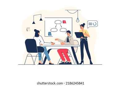 Businesspeople concept in flat line design with people scene. Women and men working in office, talking at meeting, brainstorming, creating strategy at conference room. Vector illustration for web