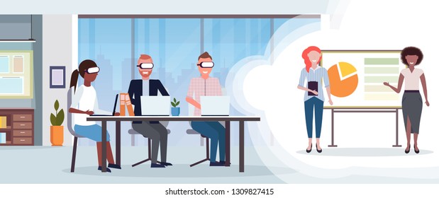 businesspeople conference meeting wearing digital glasses virtual reality mix race businesswomen presenting financial report flip chart headset vision concept office interior horizontal