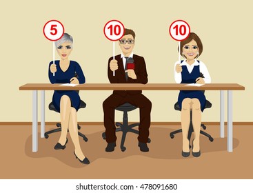 businesspeople in conference showing score cards