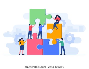 Businesspeople connect jigsaw puzzle pieces flat illustration vector template, Teamwork, Partnership, Cooperation, Achievement, Solution, Problem-solving, 