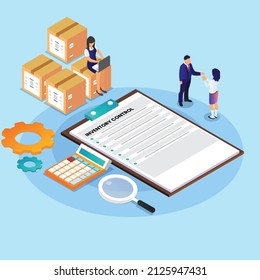 Businesspeople controling inventory isometric 3d flat vector illustration concept for banner, website, landing page, ads, flyer template, etc