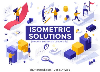 Businesspeople cooperating for success reaching. Modern business and leadership isometric solutions elements collection. Corporate development strategy. Achievements 3d vector illustrations