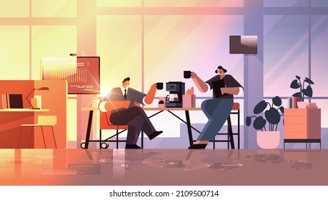 businesspeople couple drinking coffee during meeting in office coffee break concept horizontal