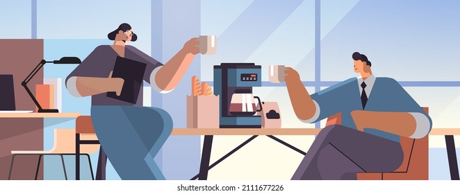 businesspeople couple drinking coffee during meeting in office coffee break concept horizontal portrait