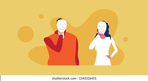 la pareja de empresarios esconden sus emociones bajo la sonrisa máscara insinceridad en el hipócrita acuerdo concepto esbozar retrato ilustración horizontal vectorial