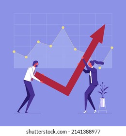 Businesspeople couple rising up growing arrow, teamwork, financial growth concept, business people correcting direction of arrow svg