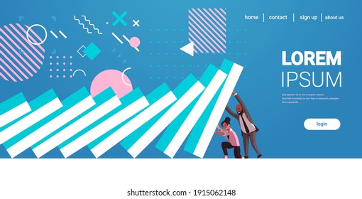 businesspeople couple trying to stop falling domino effect crisis management chain reaction finance intervention conflict prevention concept horizontal full length copy space vector illustration