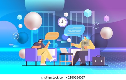 businesspeople couple in virtual reality glasses with chat bubbles discussing during business meeting vr vision