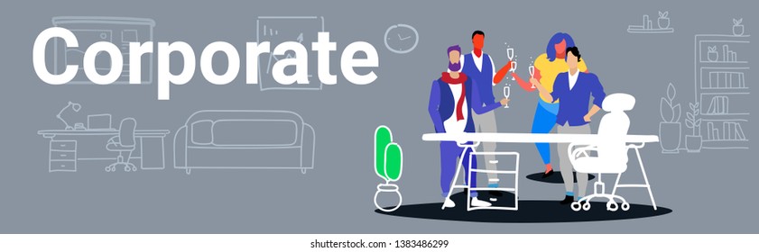 businesspeople coworkers standing together colleagues toasting drinking champagne during meeting corporate party concept modern office interior sketch doodle horizontal banner