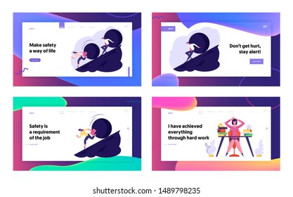 Businesspeople in Crisis Situation Website Landing Page. Running Away From Big Stone Rolling Down from Hill, Overloaded with Hard Work Business Woman Web Page Banner. Cartoon Flat Vector Illustration