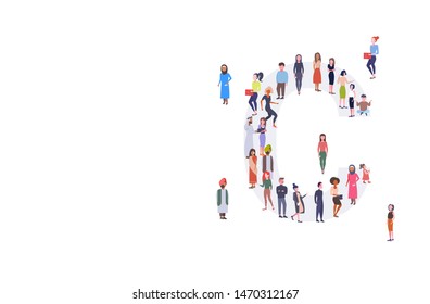 businesspeople crowd gathering in letter C shape English alphabet concept mix race men women casual people group standing together full length horizontal