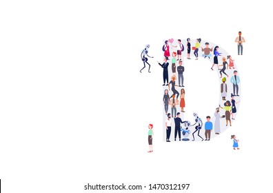businesspeople crowd gathering in letter D shape English alphabet concept mix race men women casual people group standing together full length horizontal