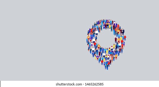 businesspeople crowd gathering in location geo tag icon shape different business people group standing together social media community navigation concept horizontal