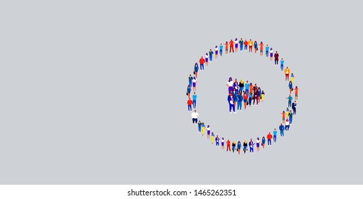 businesspeople crowd gathering in play button icon shape different business people group standing together social media community concept horizontal