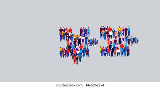 businesspeople crowd gathering in puzzle parts shape different business people group standing together social media community teamwork concept horizontal