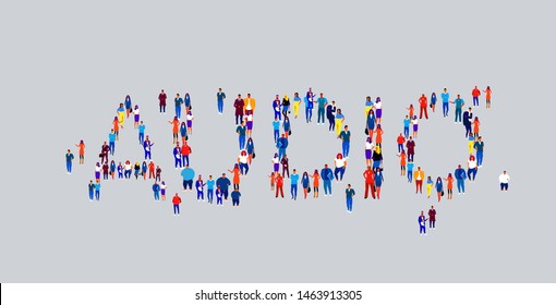 businesspeople crowd gathering in shape of audio word different business people employees group standing together social media community concept flat horizontal
