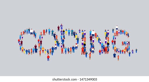 businesspeople crowd gathering in shape of coding word different business people employees group standing together social media community concept flat horizontal