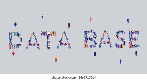 businesspeople crowd gathering in shape of data base word different business people employees group standing together social media community concept flat horizontal