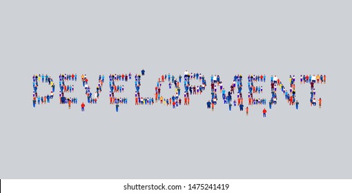businesspeople crowd gathering in shape of development word different business people employees group standing together social media community concept flat horizontal