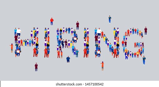 businesspeople crowd gathering in shape of hiring word different business people employees group standing together social media community concept flat horizontal