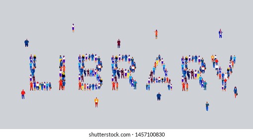 businesspeople crowd gathering in shape of library word different business people employees group standing together social media community concept flat horizontal