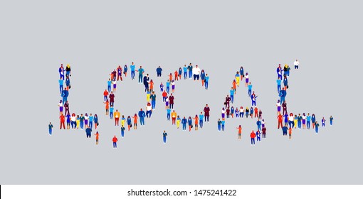 businesspeople crowd gathering in shape of local word different business people employees group standing together social media community concept flat horizontal